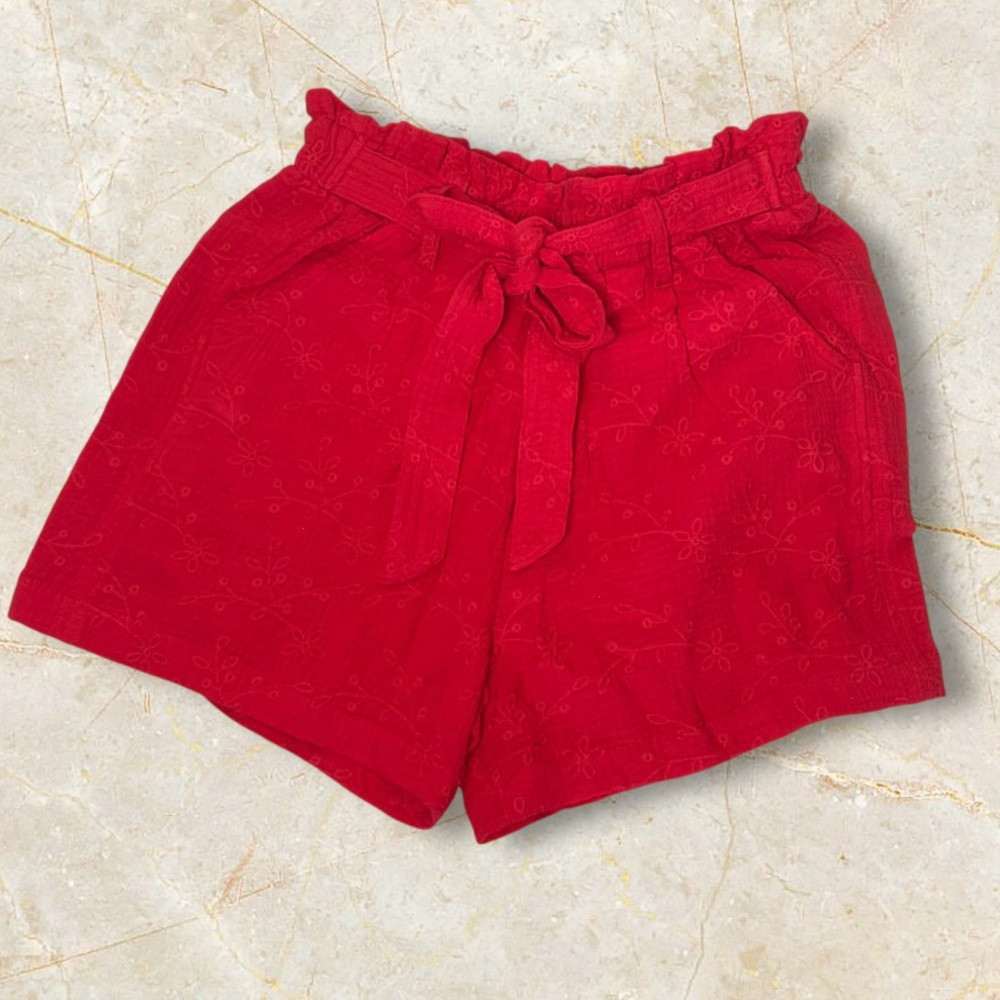 Knox Rose High‎ Waist Red Floral Embroidered Eyelet Front Tie Detailed Shorts